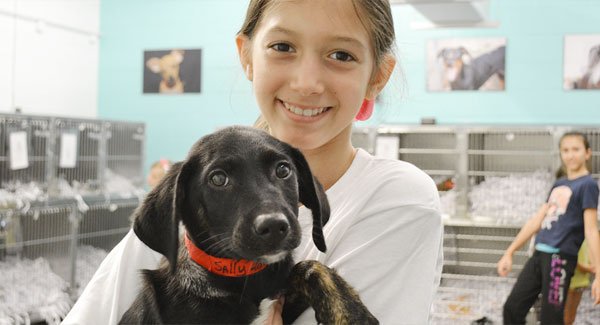 A child and a small dog smile into the camera in a room with cages at the Humane Society of Tampa Bay.