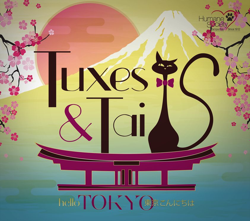 Colorful graphic of Mount Fuji at sunset, with cherry blossoms temple top, and the Tuxes & Tails logo