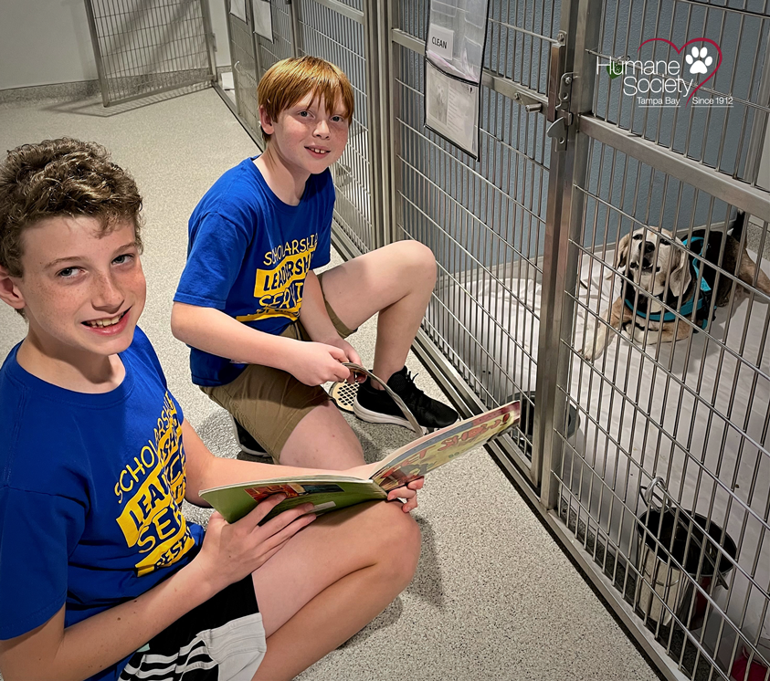 Two kids are reading stories to a dog waiting for adoption.